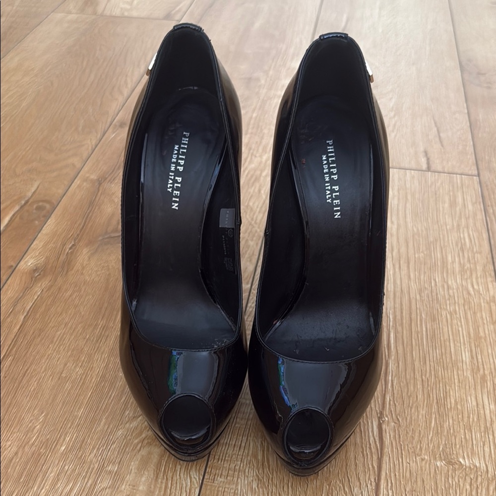 Philipp Plein Glossy Black Peep Toe Heels